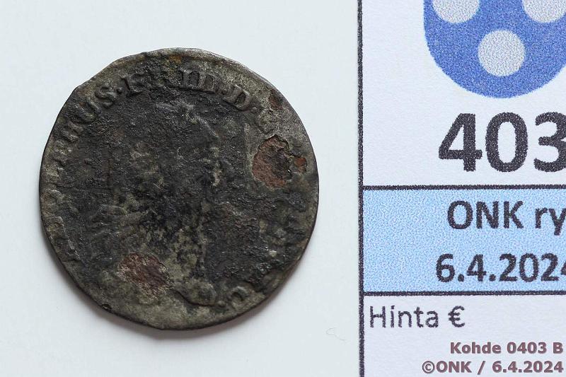 k-0403-b.jpg - Kohde 403 (kuva 2/2), lhthinta: 5 € / myyntihinta: 5 € Ruotsi 1/6 thaler 1761 KM#412 Ag, Pomeria, Swedish occupation, ICS, likaa, kunto: 3