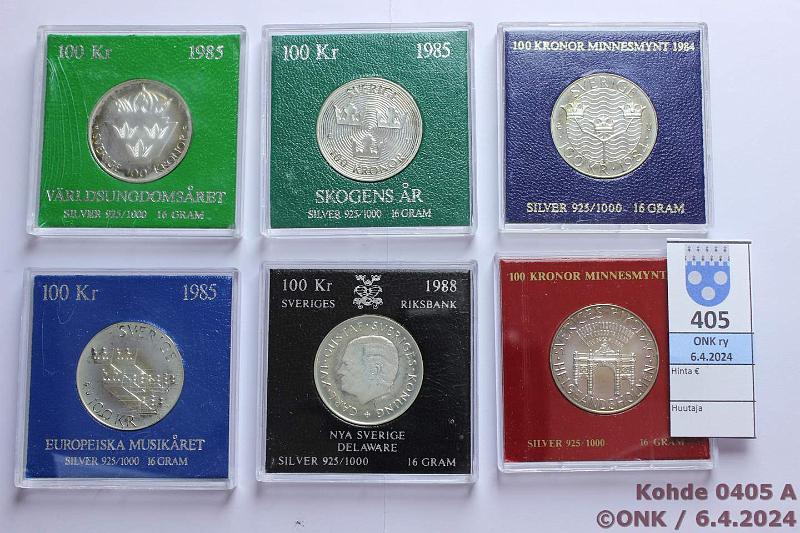 k-0405-a.jpg - Kohde 405 (kuva 1/2), lhthinta: 48 € / myyntihinta: 53 € Ruotsi 100 kr (6) 1983-88 KM#861, 863-867 Ag, 96g/925, -83, -84, -85(3 eril), -88, muovikoteloissa, osassa patinaa, kunto: 8-9