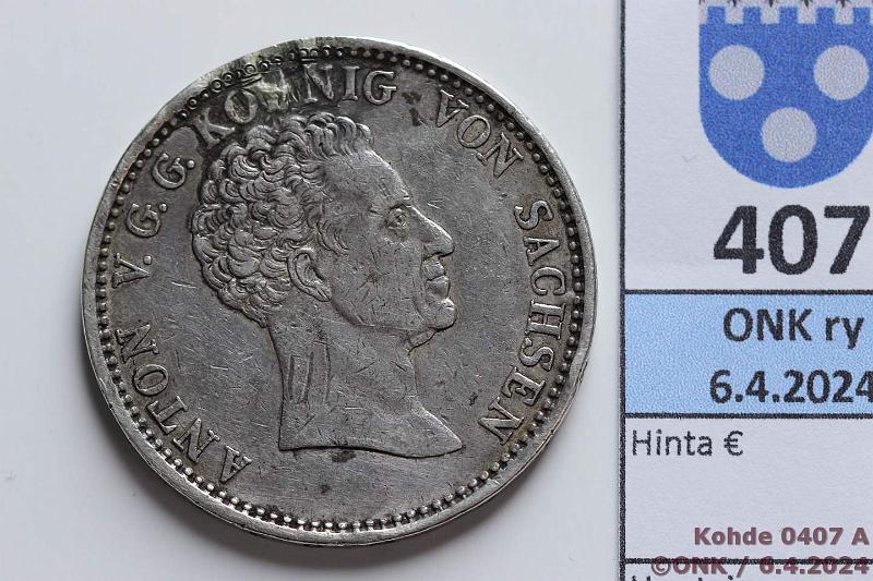 k-0407-a.jpg - Kohde 407 (kuva 1/2), lhthinta: 50 € / ei tarjouksia Saksa 5 mk 1828S KM#1116 Ag, 28,036g/833, Dresden, Saxony. Ollut ripustettuna, korjattu, kunto: 4