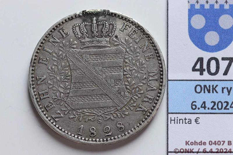 k-0407-b.jpg - Kohde 407 (kuva 2/2), lhthinta: 50 € / ei tarjouksia Saksa 5 mk 1828S KM#1116 Ag, 28,036g/833, Dresden, Saxony. Ollut ripustettuna, korjattu, kunto: 4