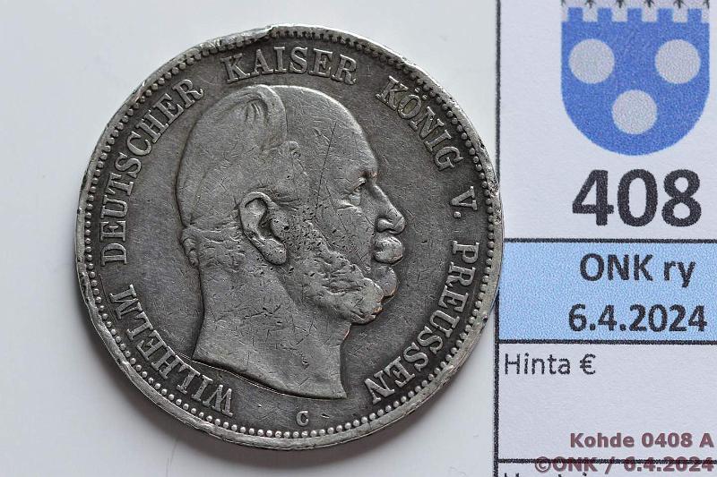 k-0408-a.jpg - Kohde 408 (kuva 1/2), lhthinta: 30 € / ei tarjouksia Saksa 5 mk 1876C KM#503 Ag, 27,777g/900, Wilhelm V, Preussi, rvja, kunto: 4