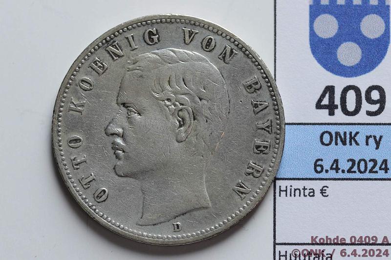 k-0409-a.jpg - Kohde 409 (kuva 1/2), lhthinta: 15 € / myyntihinta: 27 € Saksa 5 mk 1901D KM#975 Ag, 27,777g/900, Otto von Bayern, Baijeri, kunto: 5