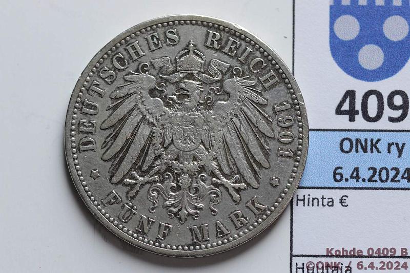 k-0409-b.jpg - Kohde 409 (kuva 2/2), lhthinta: 15 € / myyntihinta: 27 € Saksa 5 mk 1901D KM#975 Ag, 27,777g/900, Otto von Bayern, Baijeri, kunto: 5