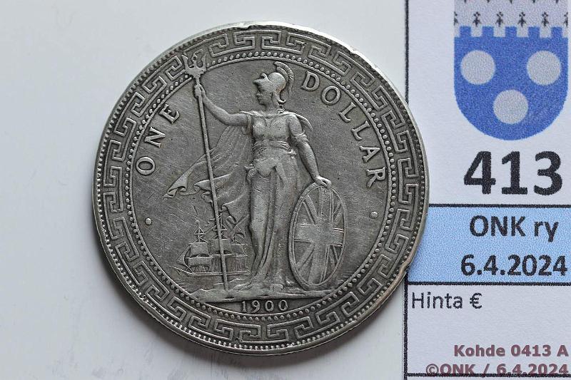 k-0413-a.jpg - Kohde 413 (kuva 1/2), lhthinta: 50 € / myyntihinta: 50 € UK 1 dollar 1900 KM#T5 Ag, 26,9568g/900, Trade dollar, prvja, kunto: 5