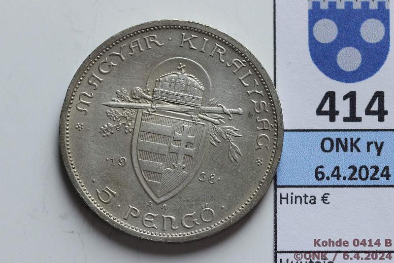 k-0414-b.jpg - Kohde 414 (kuva 2/2), lhthinta: 10 € / myyntihinta: 12 € Unkari 5 p 1938 KM#516 Ag, 25g/640, Mikls Horthy, kunto: 7