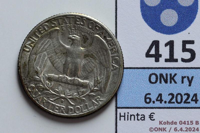 k-0415-b.jpg - Kohde 415 (kuva 2/2), lhthinta: 5 € / myyntihinta: 6 € USA  $ 1935d KM#164 Ag, 6,25g/900, Washington Silver Quarter, phpja, kunto: 7