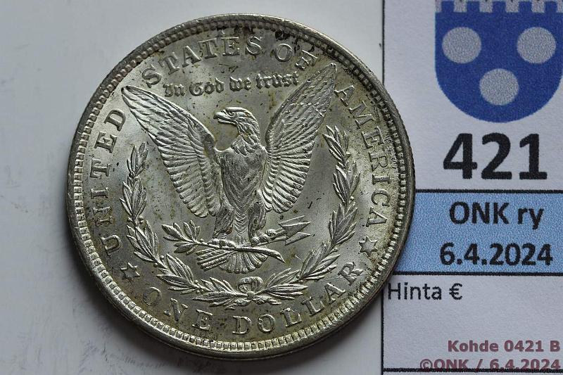 k-0421-b.jpg - Kohde 421 (kuva 2/2), lhthinta: 25 € / myyntihinta: 32 € USA 1 $ 1921 KM#110 Ag, 26,73g/900, Morgan Dollar, hnja, hieman patinaa, loistelias!, kunto: 8/9