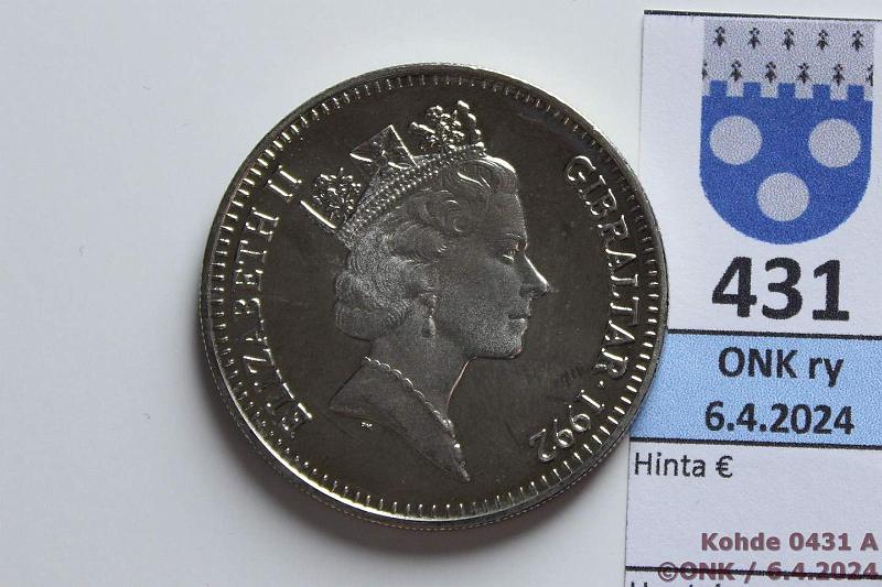 k-0431-a.jpg - Kohde 431 (kuva 1/2), lhthinta: 5 € / myyntihinta: 5 € Gibraltar 2,8 ecus / 2 pounds 1992 KM#293 CuNi, Prooflike, Charlemagne, kunto: 10