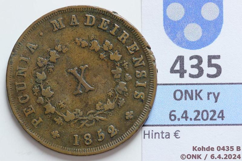 k-0435-b.jpg - Kohde 435 (kuva 2/2), lhthinta: 10 € / myyntihinta: 10 € Madeira 10 reis 1852 KM#2 Cu, rvja, kunto: 4