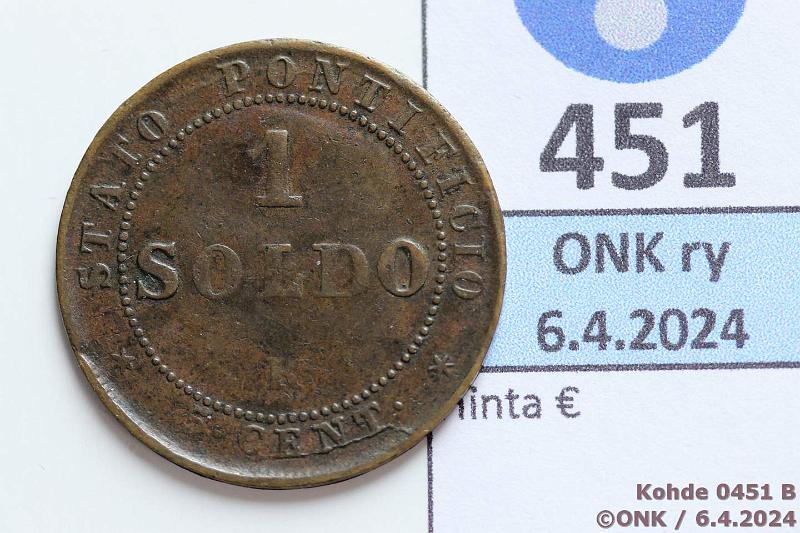 k-0451-b.jpg - Kohde 451 (kuva 2/2), lhthinta: 5 € / ei tarjouksia Vatikaani 1 soldo 1866 KM#1372 Cu, Pius IX, large bust & date, kunto: 4