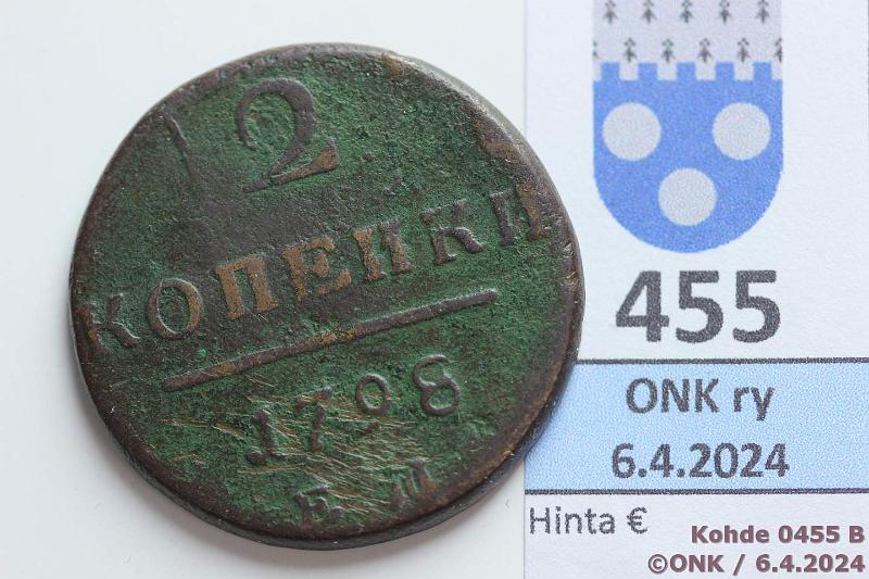 k-0455-b.jpg - Kohde 455 (kuva 2/2), lhthinta: 3 € / ei tarjouksia Venj / NL 2 kop 1798 Y#95.3 Cu, Е.М, kunto: 3