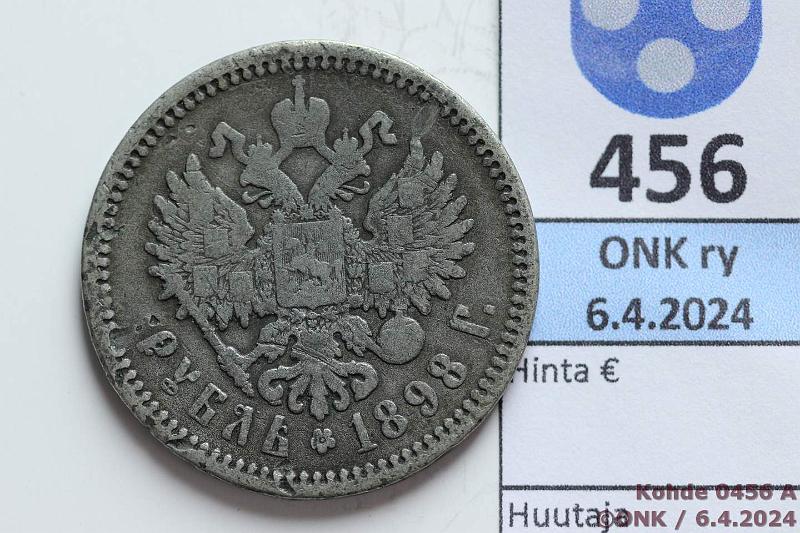 k-0456-a.jpg - Kohde 456 (kuva 1/2), lhthinta: 5 € / myyntihinta: 12 € Venj / NL 1 rpl vrenne 1898 Kevyt metalli, paino 4,6g, kunto: 3