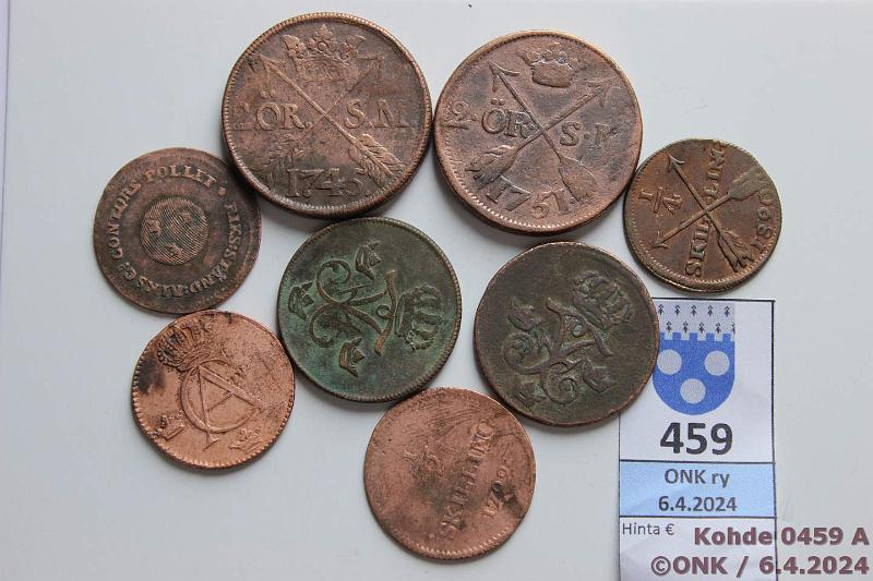 k-0459-a.jpg - Kohde 459, lhthinta: 5 € / myyntihinta: 8 € Er Ruotsi (8) 1739-1820 Cu, 1 1739, -42; 2 1745, -51; sk 1799, 1805, -20; sk 1799, kunto: 3-5