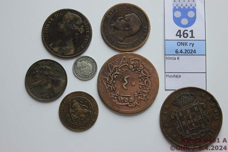 k-0461-a.jpg - Kohde 461 (kuva 1/2), lhthinta: 5 € / myyntihinta: 8 € Er (7) Hollanti 2c 1881, 10c 1928 Ag; Portugali 20r 1850 rvja; Ranska 10c 1853; Ottomaanit 40p 1857; UK p 1877, 1p -70, kunto: 3-6