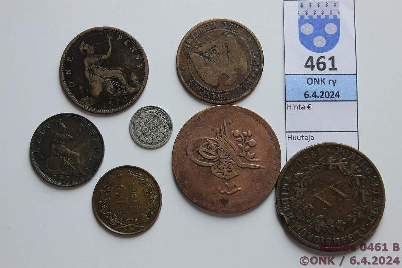 k-0461-b.jpg - Kohde 461 (kuva 2/2), lhthinta: 5 € / myyntihinta: 8 € Er (7) Hollanti 2c 1881, 10c 1928 Ag; Portugali 20r 1850 rvja; Ranska 10c 1853; Ottomaanit 40p 1857; UK p 1877, 1p -70, kunto: 3-6