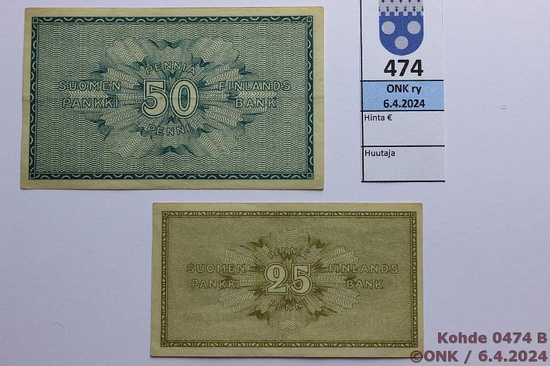 k-0474-b.jpg - Kohde 474 (kuva 2/2), lhthinta: 5 € / myyntihinta: 7 € 25 + 50 p 1918 SNY 103+105: 25p JR-Ml, 50p COL-The, kunto: 6, 7