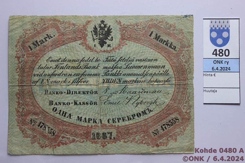 k-0480-a.jpg - Kohde 480 (kuva 1/2), lhthinta: 200 € / myyntihinta: 205 € 1 mk 1867 SNY 110, 478558 Haartman-Nybergh, rep, reiki, takana korjaus, kunto: 2