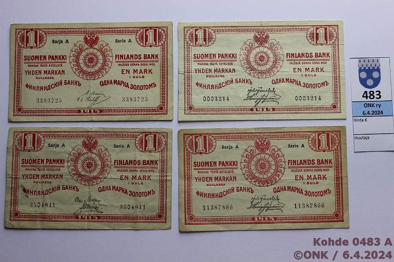 k-0483-a.jpg - Kohde 483, lhthinta: 10 € / myyntihinta: 11 € 1 mk 1915 ei-Srj, SA (1+3) SNY 111.1+.2, yhdess Sarja A -teksti eri fontilla, kunto: 4