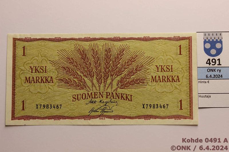 k-0491-a.jpg - Kohde 491, lhthinta: 8 € / myyntihinta: 12 € 1 mk 1963 SNY 114.1.1 X7983467 KA I-AAs, pintaeloa, pieni kulmataite, kunto: 7