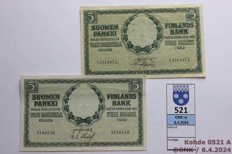 k-0521-a.jpg - Kohde 521, lhthinta: 20 € / myyntihinta: 39 € 5 mk 1918 (2) SNY 131 13018974 STE-His, 2196556 JR-The, ei vl. Eri svyiset setelit, kunto: 5, 6