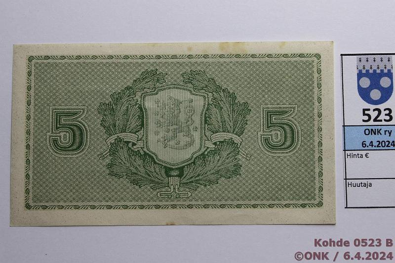 k-0523-b.jpg - Kohde 523 (kuva 2/2), lhthinta: 40 € / ei tarjouksia 5 mk 1922 SNY 132.1 A0730303 BA II-The, pieni tahroja, kunto: 8