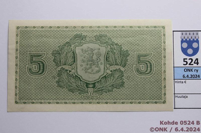 k-0524-b.jpg - Kohde 524 (kuva 2/2), lhthinta: 50 € / myyntihinta: 72 € 5 mk 1922 SNY 132.1 J0899648 GR-His, painumia, ei taitteita, kunto: 8