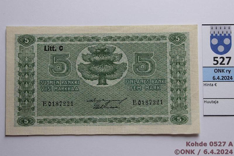 k-0527-a.jpg - Kohde 527, lhthinta: 15 € / myyntihinta: 15 € 5 mk 1922 LC SNY 132.4 E0187221 BUR-Kiv, harv ak-pari (v), pient eloa kulmassa, kunto: 7