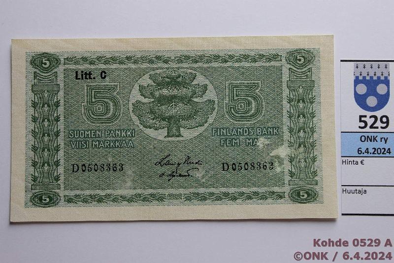 k-0529-a.jpg - Kohde 529, lhthinta: 35 € / myyntihinta: 35 € 5 mk 1922 LC SNY 132.4 D0508363 HEU-OAs, etus. paperitarttumia, ei taitteita, kunto: 8