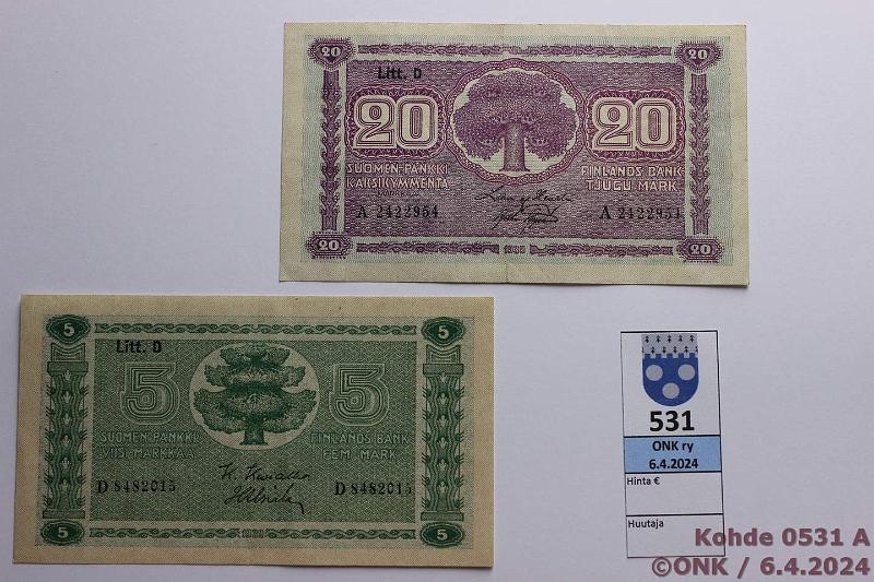 k-0531-a.jpg - Kohde 531, lhthinta: 10 € / myyntihinta: 20 € 5 + 20 mk 1939 LD SNY 133.1+159.1: 5mk D8482015 KIV-Als, vl I; 20mk A2422954 HEU-AAs, kunto: 6, 5