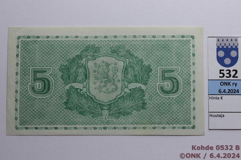 k-0532-b.jpg - Kohde 532 (kuva 2/2), lhthinta: 8 € / myyntihinta: 15 € 5 mk 1939 LD SNY 133.1 A0284172 JUT-Wah, vl I, kunto: 9