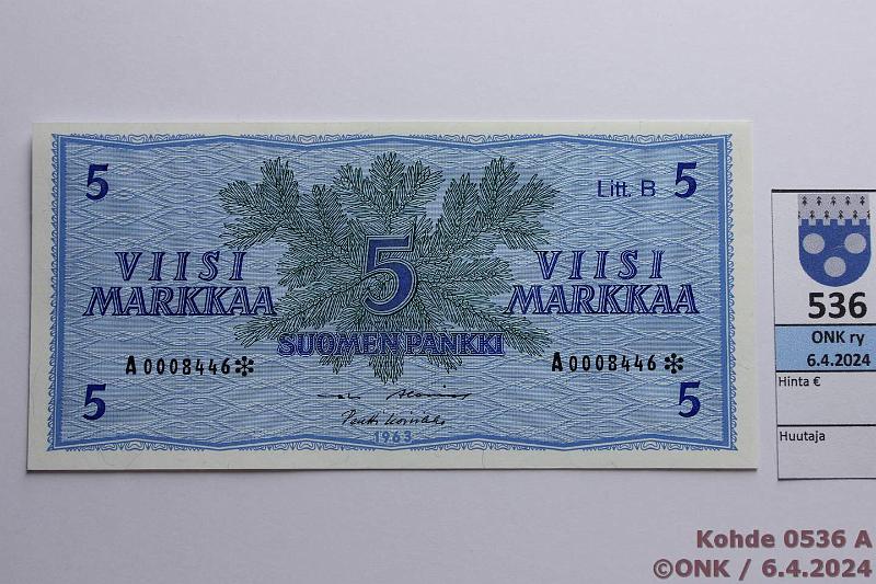 k-0536-a.jpg - Kohde 536, lhthinta: 40 € / myyntihinta: 80 € 5 mk 1963 LB A* SNY 135.6.1 A0008446* AL I-Ko1, korvaava, kunto: 9