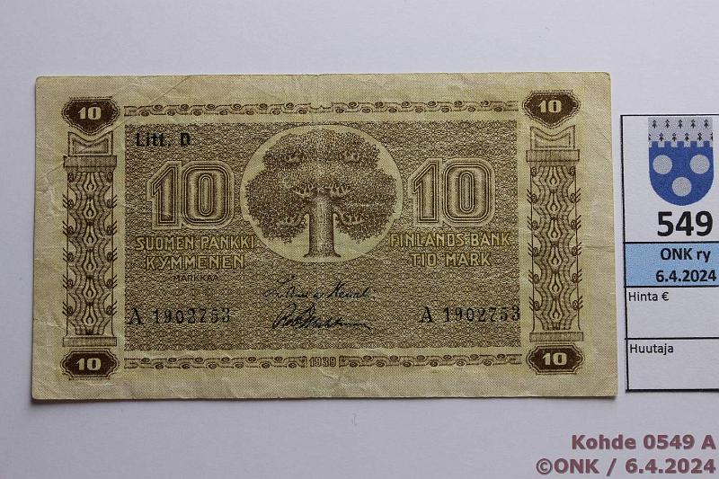 k-0549-a.jpg - Kohde 549, lhthinta: 8 € / myyntihinta: 8 € 10 mk 1939 LD SNY 144.1.1 A1902753 HEU-Wah, kulmakuvio 1, vl 1, kunto: 4