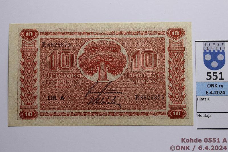 k-0551-a.jpg - Kohde 551 (kuva 1/2), lhthinta: 12 € / myyntihinta: 12 € 10 mk 1945 LA SNY 145.1.1 E8825875 RAI-Als, kunto: 9