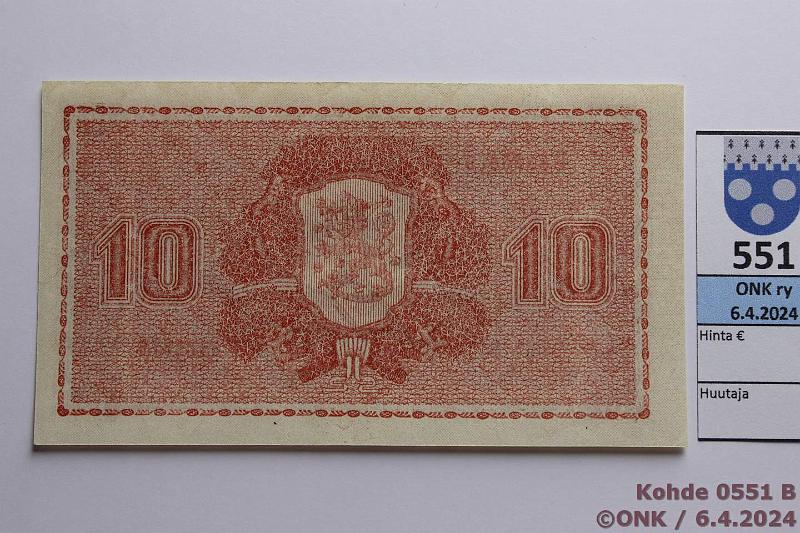 k-0551-b.jpg - Kohde 551 (kuva 2/2), lhthinta: 12 € / myyntihinta: 12 € 10 mk 1945 LA SNY 145.1.1 E8825875 RAI-Als, kunto: 9