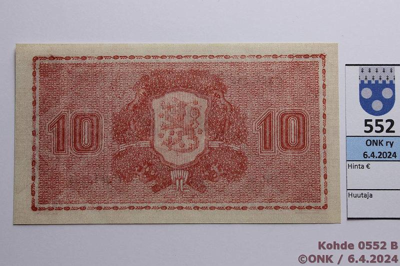 k-0552-b.jpg - Kohde 552 (kuva 2/2), lhthinta: 12 € / myyntihinta: 12 € 10 mk 1945 LA SNY 145.1.1 C3640255 KIV-Als, kunto: 9