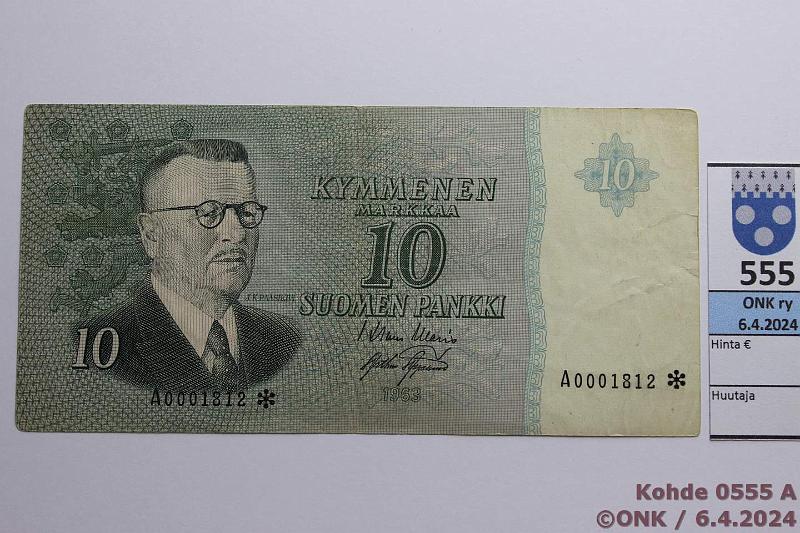 k-0555-a.jpg - Kohde 555 (kuva 1/2), lhthinta: 50 € / myyntihinta: 54 € 10 mk 1963 A* SNY 146.2.1.2 A0001812* WAR-AAs, vl 2, likaa, korvaava, kunto: 4