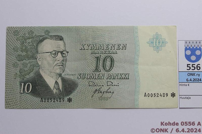 k-0556-a.jpg - Kohde 556 (kuva 1/2), lhthinta: 70 € / myyntihinta: 97 € 10 mk 1963 A* SNY 146.2.1.2 A0052489* RO I-Eng, vl 2, korvaava, kunto: 5