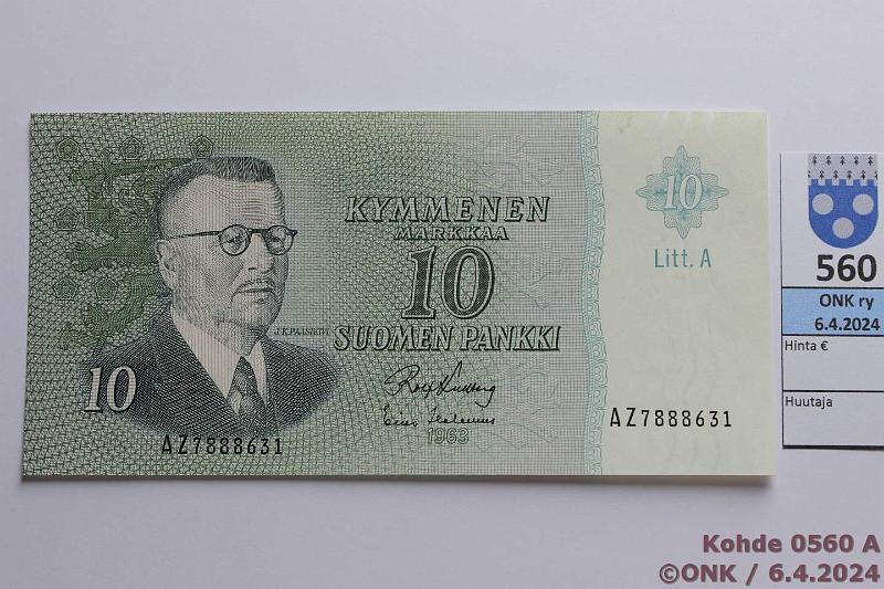 k-0560-a.jpg - Kohde 560, lhthinta: 5 € / myyntihinta: 5 € 10 mk 1963 LA SNY 146.3.3 AZ7888631 KU I-Hes, vl 2, pintaeloa, ei taitteita, ptahra, kunto: 9