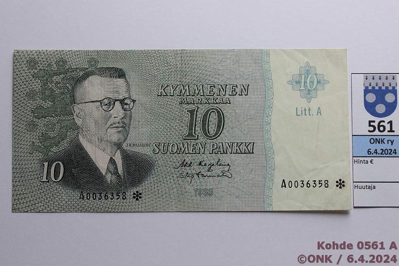 k-0561-a.jpg - Kohde 561, lhthinta: 10 € / myyntihinta: 50 € 10 mk 1963 LA A* SNY 146.4.1 A0036358 KA I-Tr, korvaava, kunto: 5