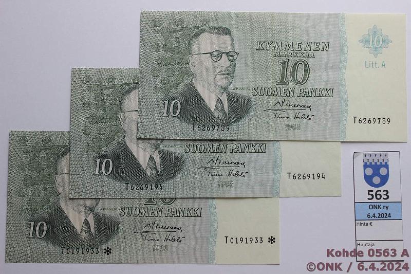 k-0563-a.jpg - Kohde 563 (kuva 1/2), lhthinta: 320 € / ei tarjouksia 10 mk 1963 LA (3) SNY 146.3.1 T6269194 vl 1; 146.3.3 T6269789 vl 2; 146.4.3 T0191933* korvaava. Kaikki SIM-He. Ex-Tirkkonen, kunto: 6, 5, 7