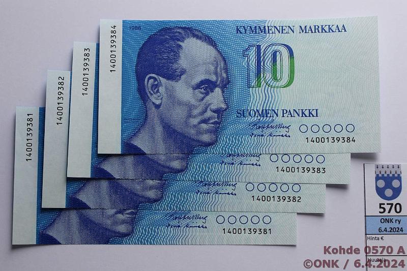 k-0570-a.jpg - Kohde 570, lhthinta: 7 € / myyntihinta: 15 € 10 mk 1986 (4) SNY 148.1 1400139381-84 KU II-Ko2, perkkiset, kunto: 9