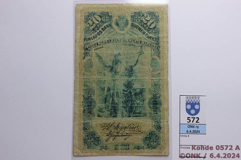 k-0572-a.jpg - Kohde 572 (kuva 1/2), lhthinta: 30 € / myyntihinta: 30 € 20 mk 1898 SNY 154.2 3072757 Wegelius-Jgerskild, rep, reiki, kunto: 2