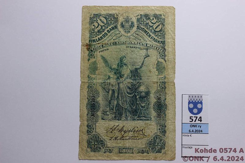 k-0574-a.jpg - Kohde 574 (kuva 1/2), lhthinta: 40 € / myyntihinta: 40 € 20 mk 1898 SNY 154.2 3545793 Wegelius-Landtman, kunto: 3