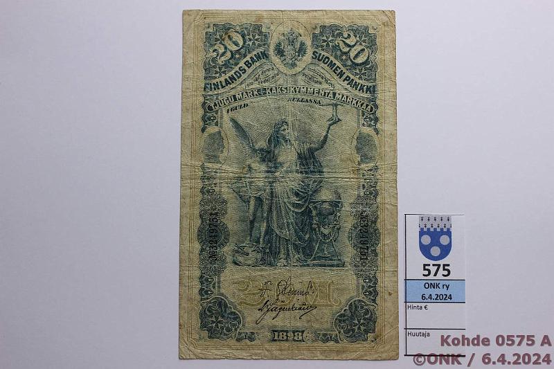 k-0575-a.jpg - Kohde 575 (kuva 1/2), lhthinta: 40 € / myyntihinta: 46 € 20 mk 1898 SNY 154.2 3249751 Stenius-Jgerskild, kunto: 4