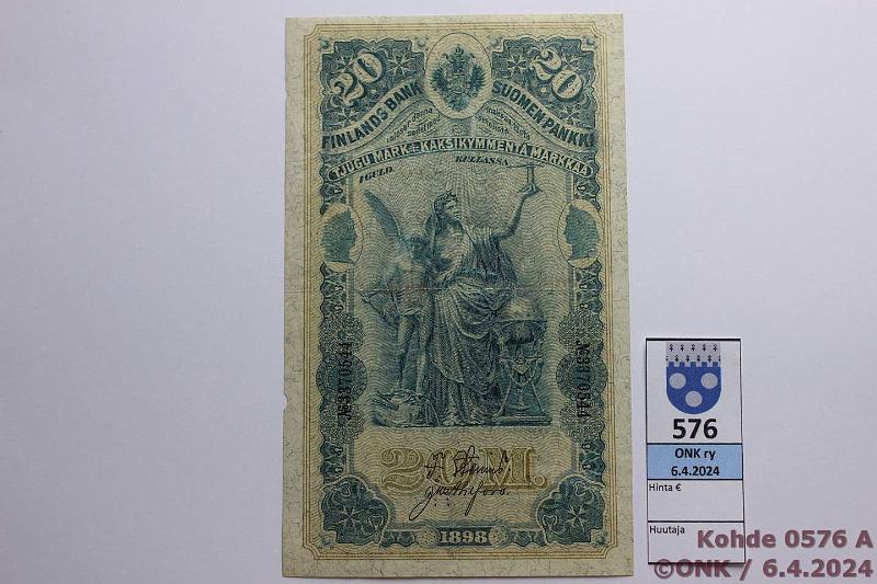 k-0576-a.jpg - Kohde 576 (kuva 1/2), lhthinta: 90 € / myyntihinta: 320 € 20 mk 1898 SNY 154.2 3370544 Stenius-Ahlfors, vas reunassa kaksi osittaista rei'ittimen puraisua, keskitaitos. Kaunis!, kunto: 7