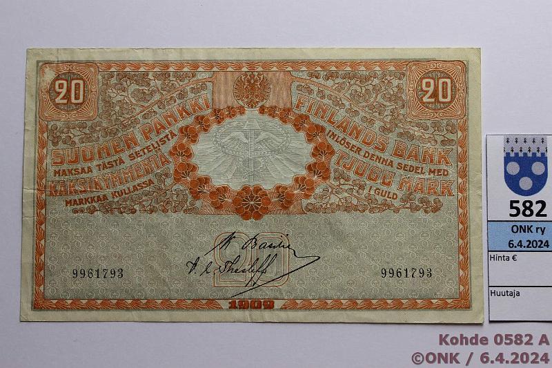 k-0582-a.jpg - Kohde 582 (kuva 1/2), lhthinta: 30 € / myyntihinta: 30 € 20 mk 1909 KV SNY 156.4.1 9961798 BA I-The, kova paperi, kunto: 4