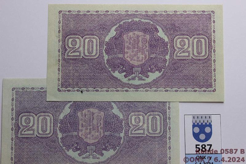 k-0587-b.jpg - Kohde 587 (kuva 2/2), lhthinta: 30 € / myyntihinta: 44 € 20 mk 1939 LD (2) SNY 159.1+.2: C..RAI-Car, vl 1; C...RAN-AAs, vl 2, kunto: 9