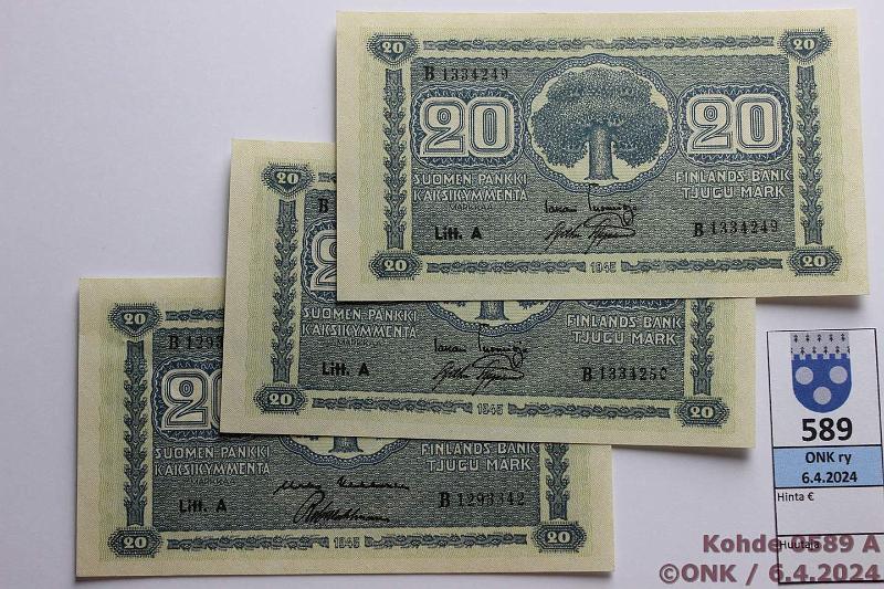 k-0589-a.jpg - Kohde 589, lhthinta: 15 € / myyntihinta: 16 € 20 mk 1945 LA (3) SNY 160.1.1 B1293342 KEK-Wah; B1334249-50 TUO-AAs, perkkiset, ei lpisetelin taitteita, kunto: 8