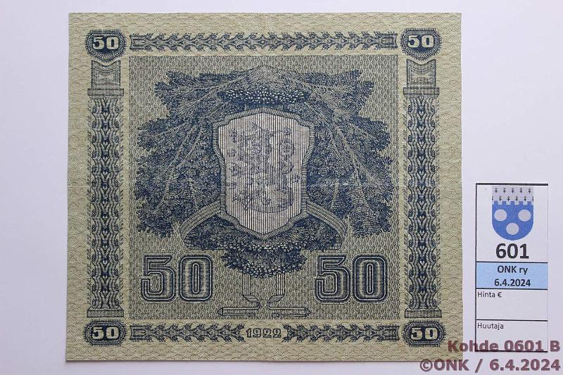 k-0601-b.jpg - Kohde 601 (kuva 2/2), lhthinta: 70 € / myyntihinta: 72 € 50 mk 1922 LC SNY 167.4.1 R0459991 KIV-Wah, hyvt vrit, kunto: 5