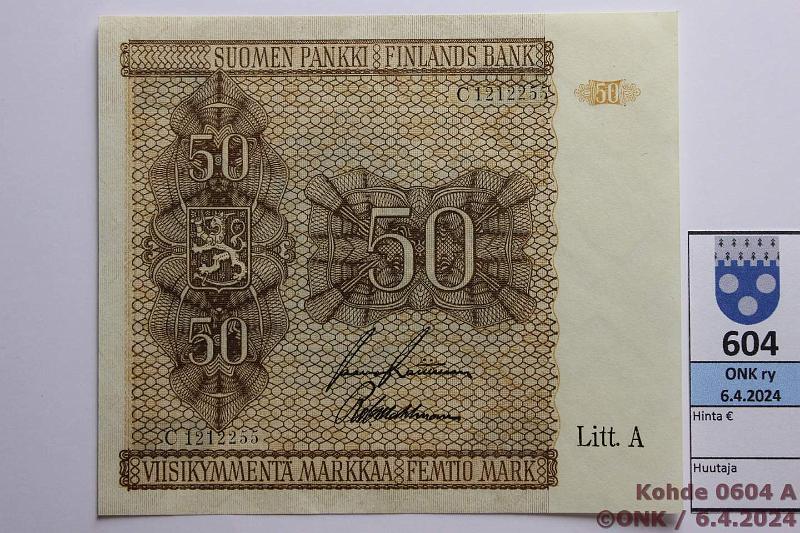 k-0604-a.jpg - Kohde 604 (kuva 1/2), lhthinta: 30 € / myyntihinta: 32 € 50 mk 1945 LA SNY 169.2.1 C1212255 RAI-Wah, laatta II, kevyt kulmataite, kunto: 8